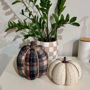 Plaid and Cream Fabric Pumpkins Set of 2